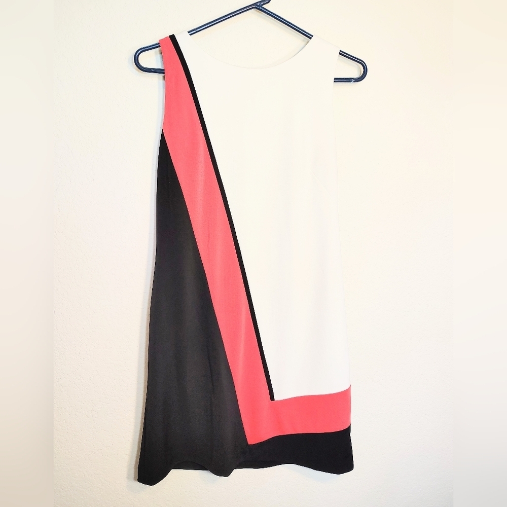 Tahari Sleeveless Colorblock Shift Dress in White, Black & Coral